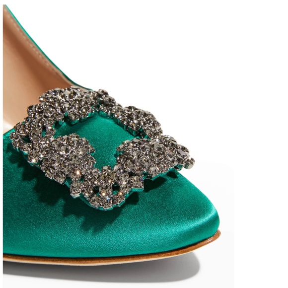 NIB $1125 Manolo Blahnik Hangisi Satin Crystal-Buckle Pumps in Green - size 37.5 - Picture 5 of 16